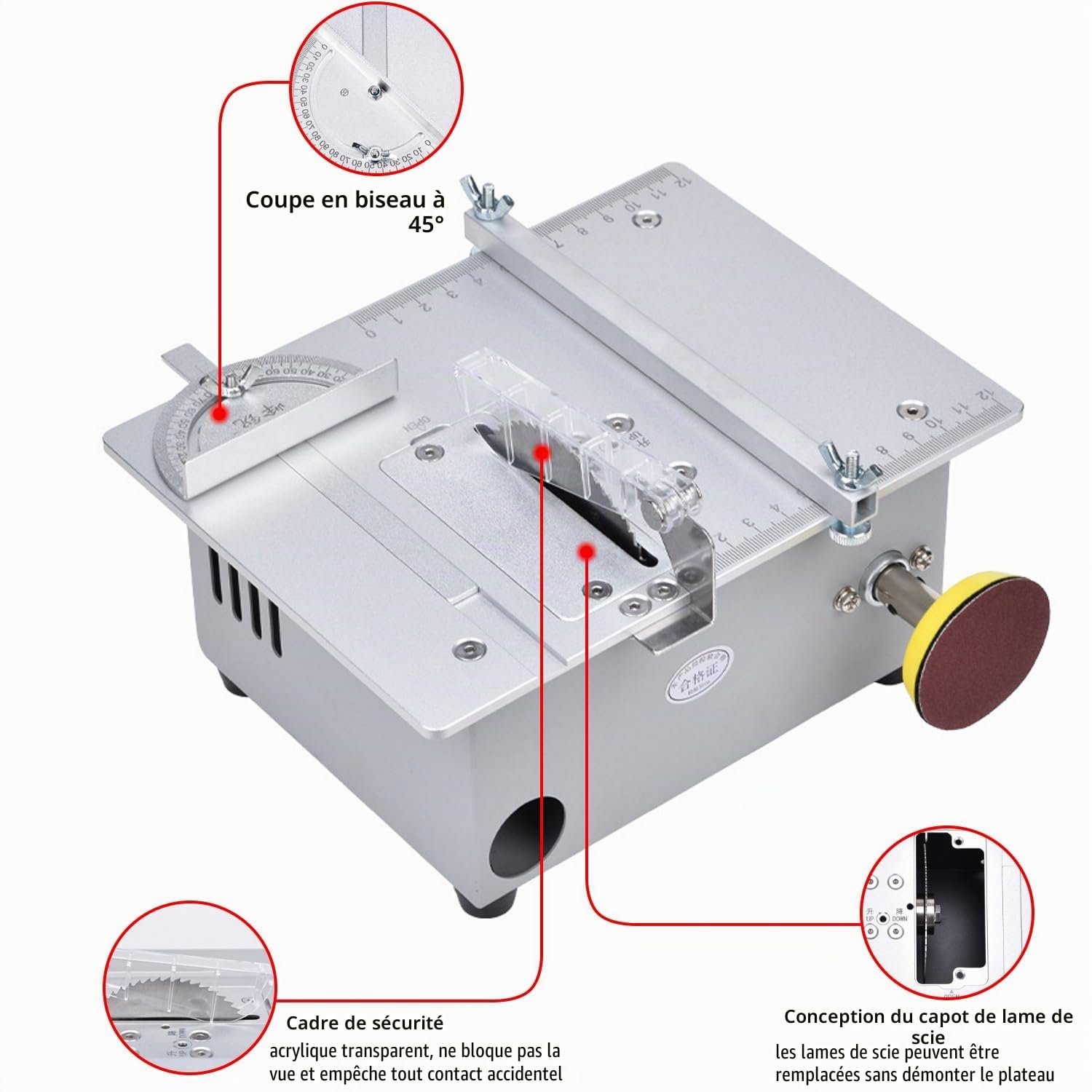 Mini scie circulaire de table, 5000 tr/min, hauteur de la lame réglable, 7 niveaux vitesse, idéal modélisme, travaux précision, mini scie électrique (60-85 mm)