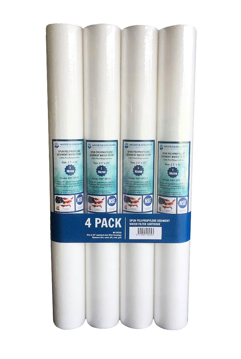 Water Filters Depot (WFD)WFD, WF-SP201 2.5"x20" 1 Micron Sediment Cartridge, Spun Polypropylene, Fits in 20" Standard Size Housings of Filtration Systems (4 Pack)