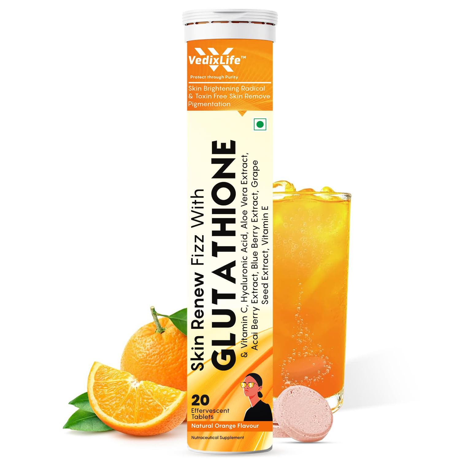 Glutathione Reduced Effervescent Tablets for Glowing Skin | 20 Tablets with 600mg L-Glutathione & Vitamin C | Antioxidant, Skin Glow Supplement for Clear Skin | Orange Flavour (Pack Of 1)-image-6