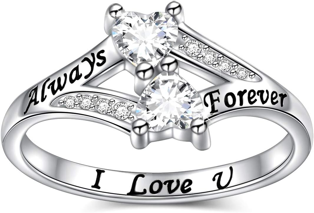 FLYOW Gifts for Mom 925 Sterling Silver Heart Ring for Wife Mom Sister Daughter I Love You Always and Forever Ring for Women Girls Engagement Ring Birthday Gifts