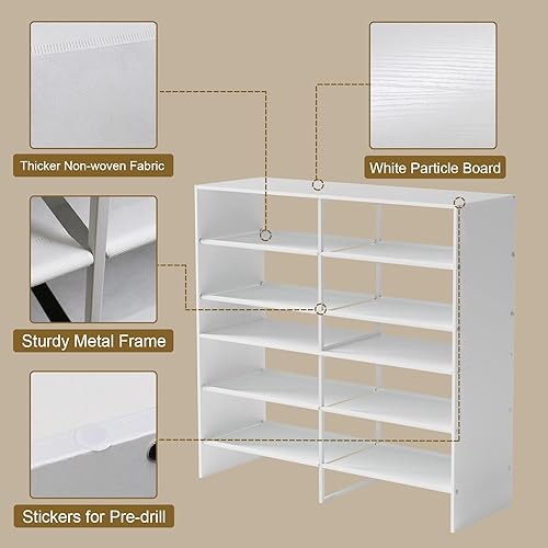Miniatura 4 de Zapatero de madera de 6 niveles con tela no tejida, organizador de zapatos apilable expandible para armario, entrada, dormitorio (blanco)