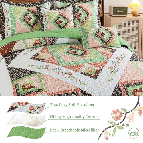 VAPUTAR Quilt Queen Size Bedding Set - Farmhouse Queen Size Bedspread Set for All Season, Lightweight Reversible Coverlet Quilt for Bedroom (90 × 98 Inch), Green