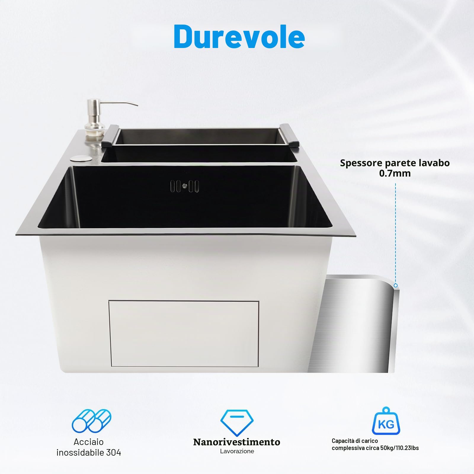 Lavello da cucina indipendente, 2 vasche in acciaio inox, 78 x 43 x 22 cm, in acciaio inox, con dispenser di sapone, per cucina e ristoranti