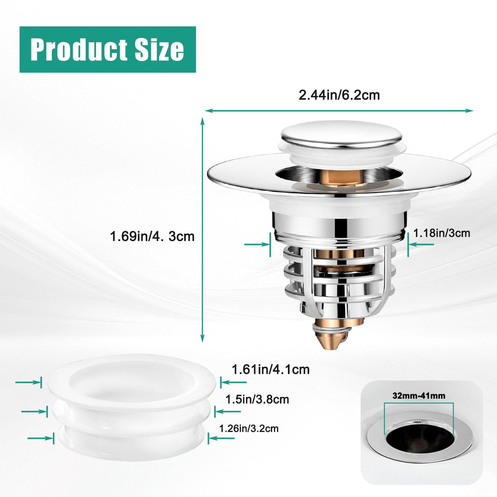 Diboniur Tappo Lavandino Bagno del Bagno Aggiornato, Tappo Bidet Universale Pop up，Tappo di scarico in metallo per vasca da bagno, cucina, lavabo (apertura foro di scarico 32-41 mm) - 2