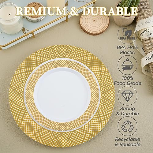 Focusline 102Pcs Disposable Plastic Plates Gold Grid Rim Party Plates，51Pcs 10 Inch Dinner Plates And 51Pcs 7 Inch Dessert Plates Elegant Fancy Heavy Duty Wedding Plates #TOP3