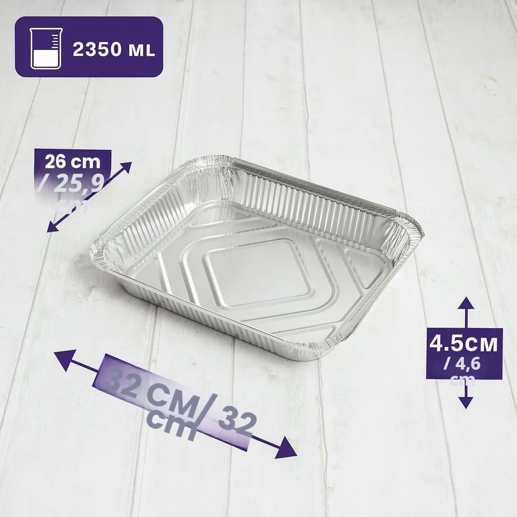MATANA 20 Grands Barquettes Jetables Aluminium Premium avec Couvercle - 2350ml / 32 x 26cm - Solide, Étanche & Pratique - Cuisiner, Cuisson au Four, Griller, Congélation