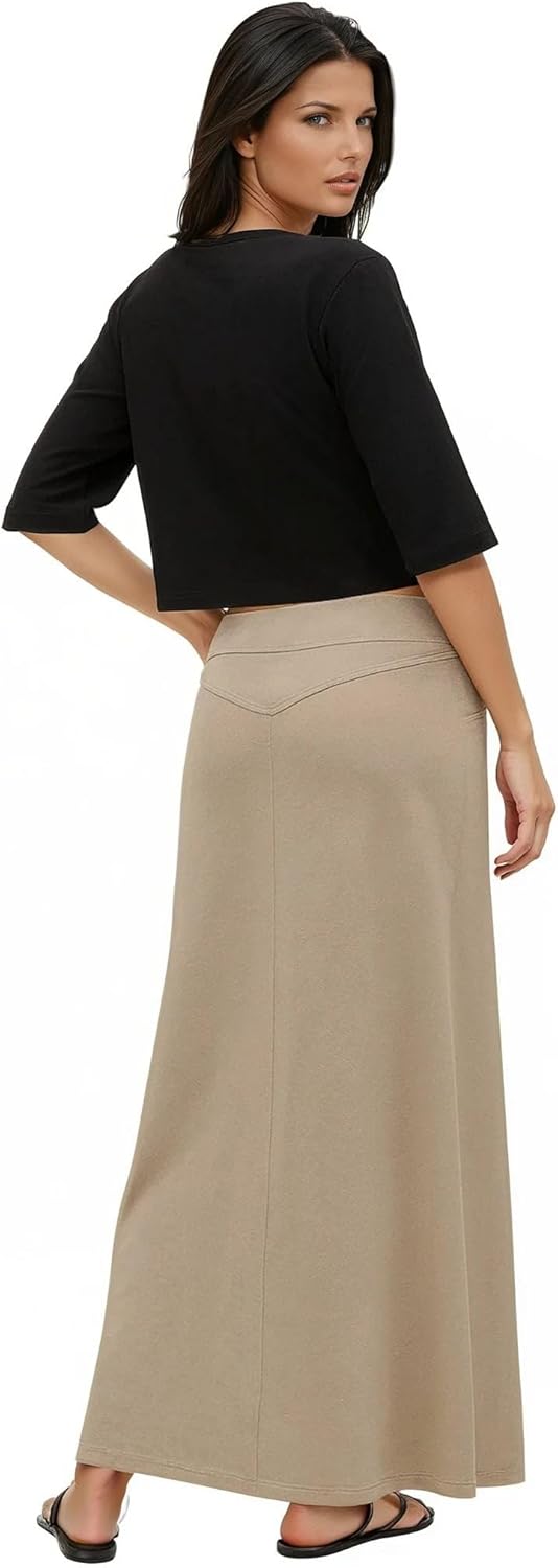 Baby'O Women's Stretch Cotton Knit Western Style A-Line Maxi Skirt with Jeans-Style Front Pockets - Image 4