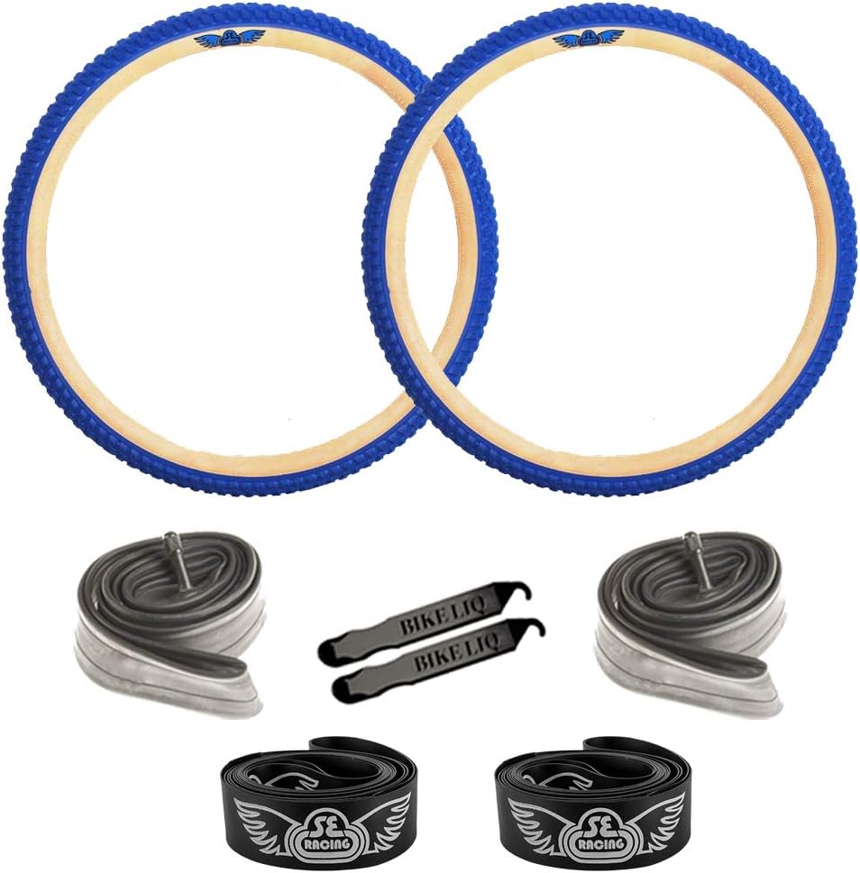 SE Bikes Cub OEM BMX Durable Wire Bead Replacement Dirt Street Bike Tire Tube Rim Strip Lever Kit Bundle (Blue Tan, 26)