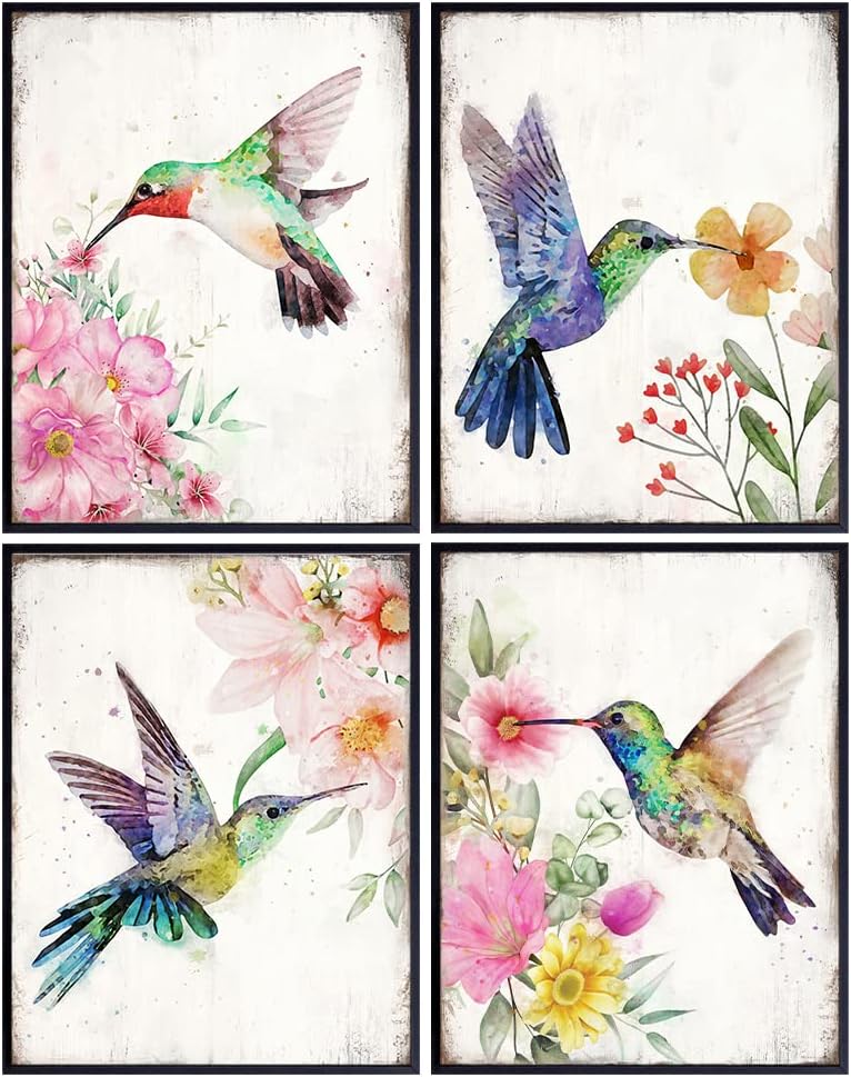 Hummingbirds Wall Art - Pink Blue Green Country Floral Shabby chic Decor- Bedroom Decor for Women - Cute Living room Wall Artwork - Girls Room Poster Set - Farmhouse print decoration UNFRAMED 8X10