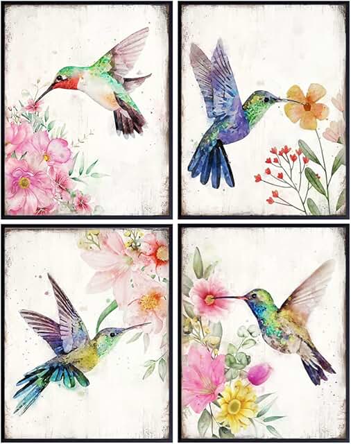 Hummingbirds Wall Art - Pink Blue Green Country Floral Shabby chic Decor...