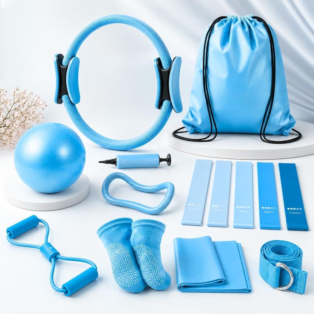 Juego de anillos de pilates para mujer, equipo de pilates de entrenamiento en casa con bandas de resistencia, círculo mágico de 14 pulgadas, mini bola, kit de inicio de pilates para fuerza