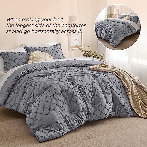 Image of Bedsure Twin XL Comforter Set - Grey Comforter, Boho Tufted Distressed Vintage Bedding for Kids, 2 Pieces Farmhouse-Style Bed Set for All Seasons, Fluffy Soft Bedding with 1 Pillow Sham
