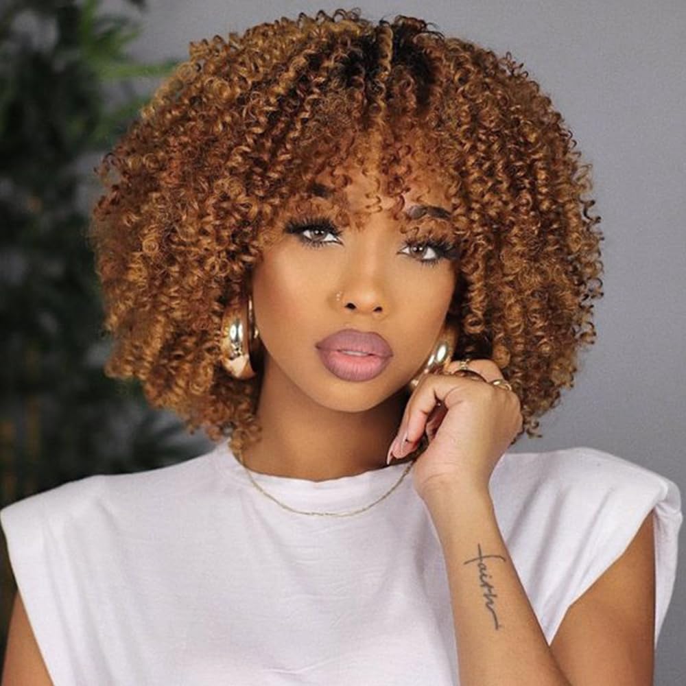JOEDIR HAIR 250% Density Short Kinky Curly Wig with Bangs Human Hair for Black Women Short Curly Bang Wig Curly Bob Glueless Wig (Ombre Brown, 14 inch