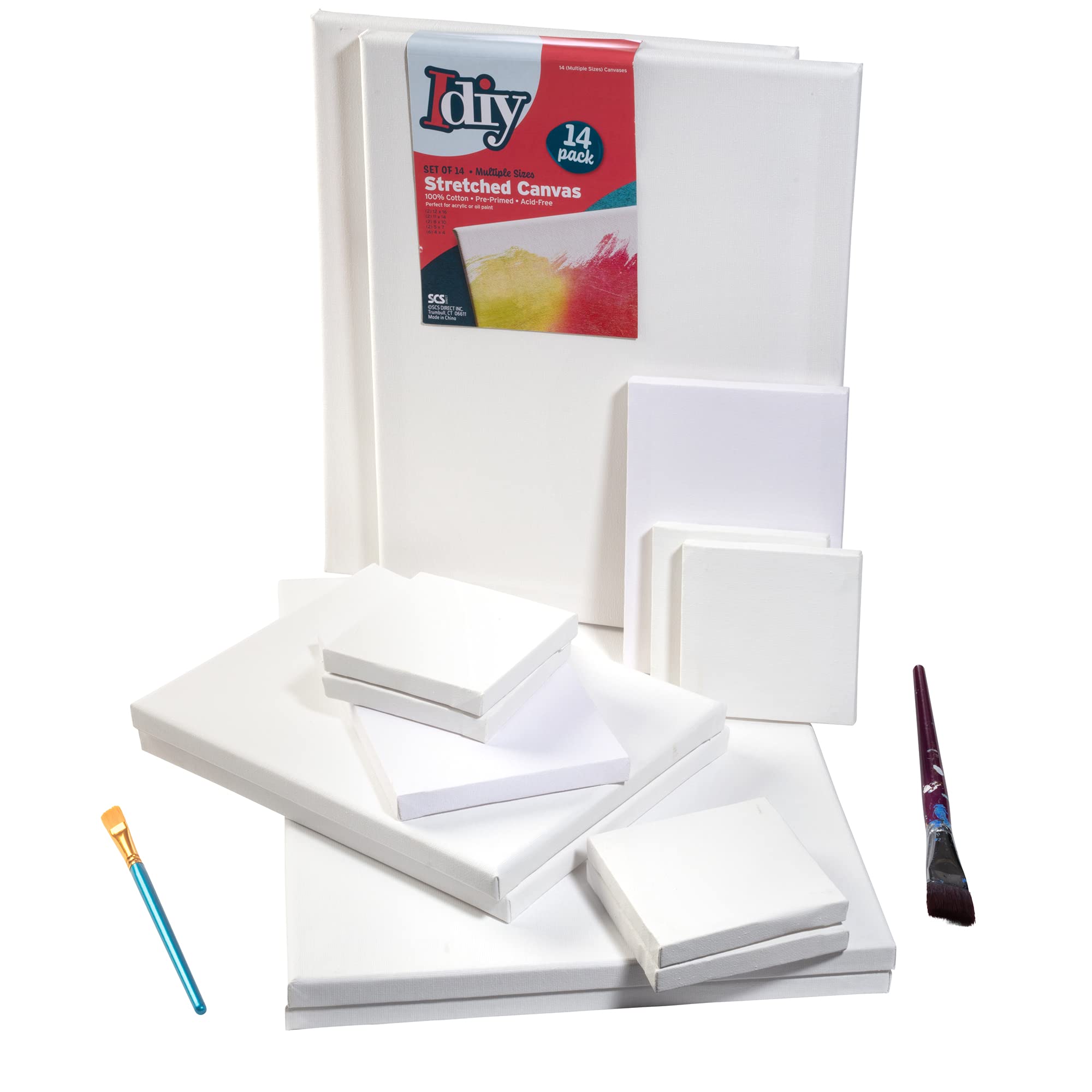 iDIY Lot de 14 toiles tendues 10 x 10 - 30 x 40 cm - Blanc classique, pré-apprêté pour huiles ou acryliques, 100 % coton, sans acide - Qualité professionnelle