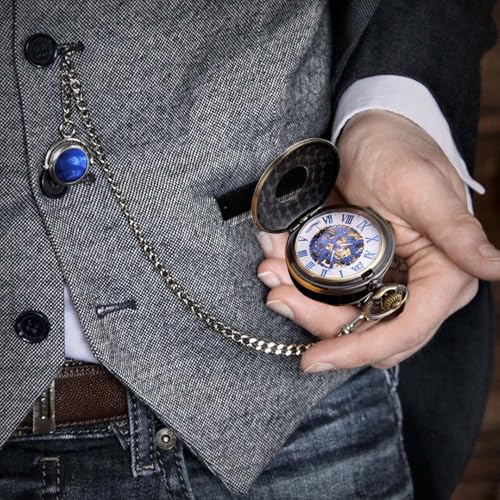 Image of ManChDa Mechanical Roman Numerals Dial Skeleton Pocket Watches with Luxury Wooden Box and Chains for Mens Women