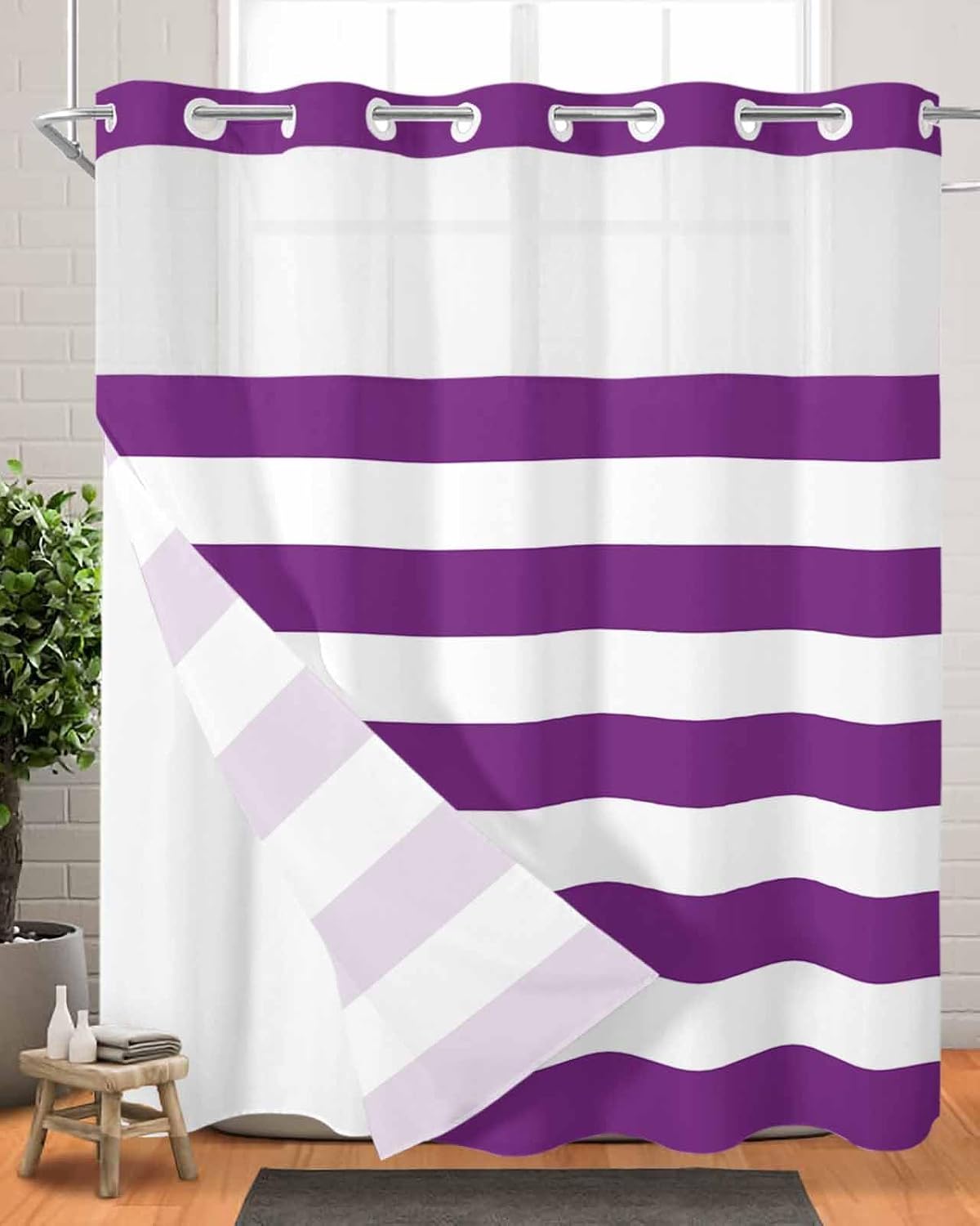 ALAGEO Shower Curtain with Snap-in Fabric Liner Set Classical Stripe No Hook Shower Curtain with Mesh Top Window Purple Shower Curtains Waterproof 72x72