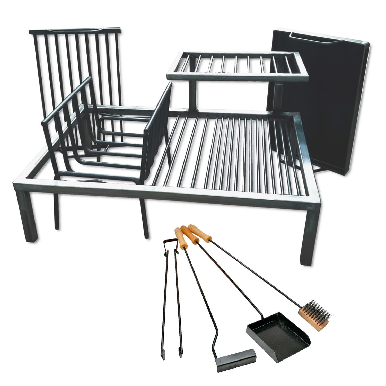 Griglia argentina di lusso con moduli rimovibili in ferro + braciere + kit di attrezzi per il fuoco. Griglia argentina in ferro - BBQ Parrilla Asado. Sor Pampa Grill