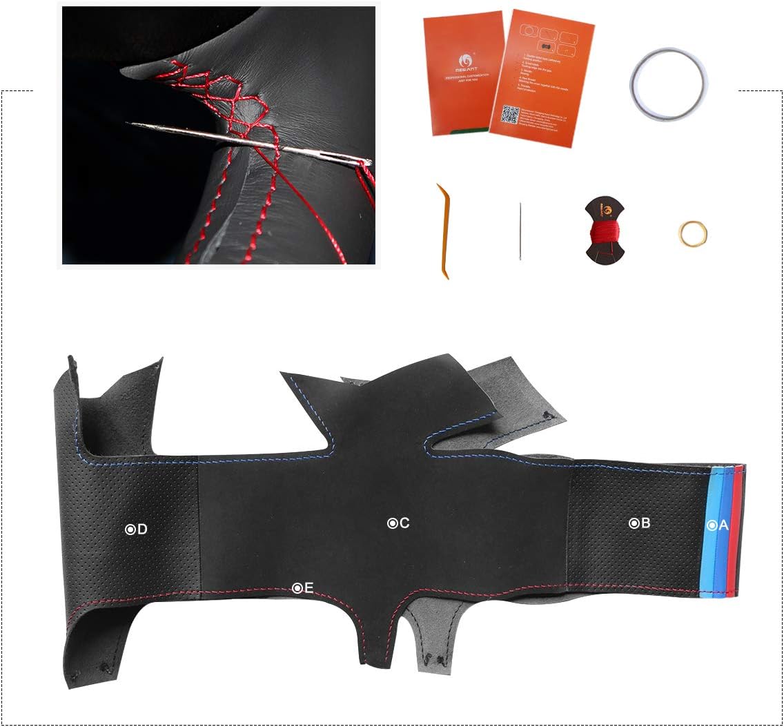 MEWANT Hand-Stitched Black Genuine Leather and Suede Car Steering Wheel Cover Wrap for Honda S2000 Civic Si Acura RSX Type-S