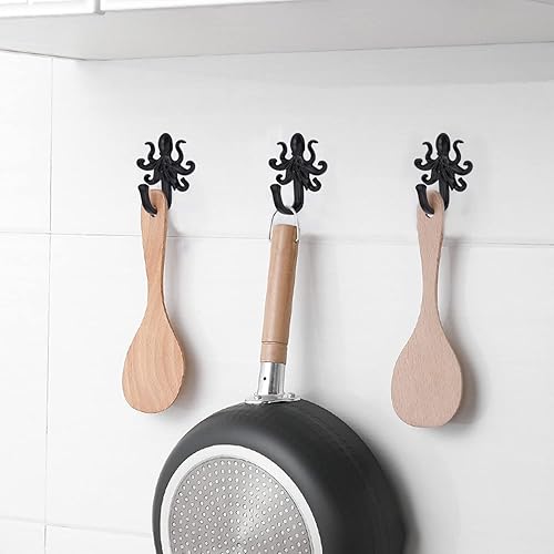 Miniatura 5 de Paquete de 5 ganchos de pared para colgar abrigos, bufandas, bolsos, mochilas, mochilas, decoración del hogar (pulpo negro)