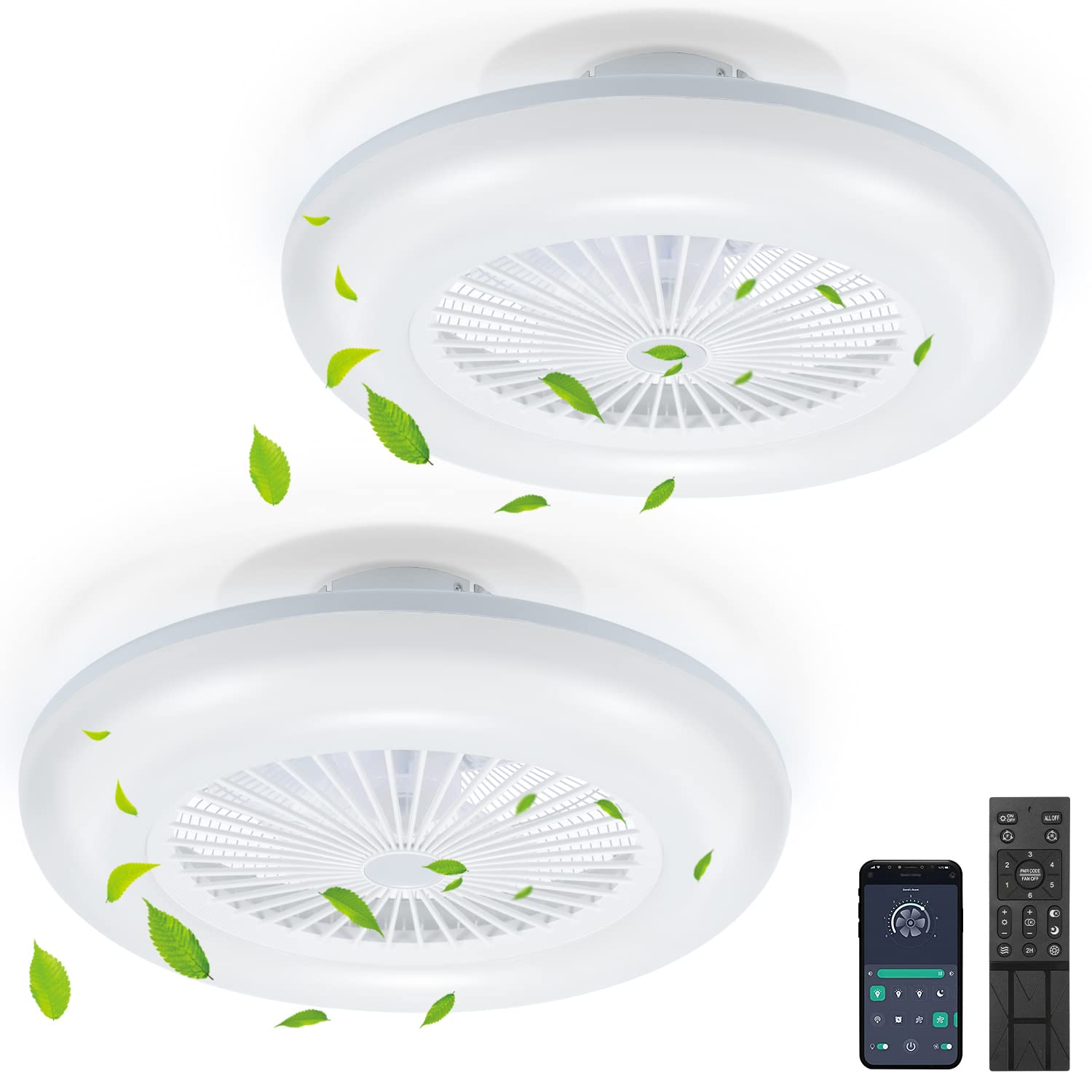 2 Piezas Ventilador de Techo con iluminación 80W, 55CM LED Regulable Ventilador de luz con Mando a Distancia y APP, 6 Velocidades, 3000-6500K, Verano y Modo de Invierno
