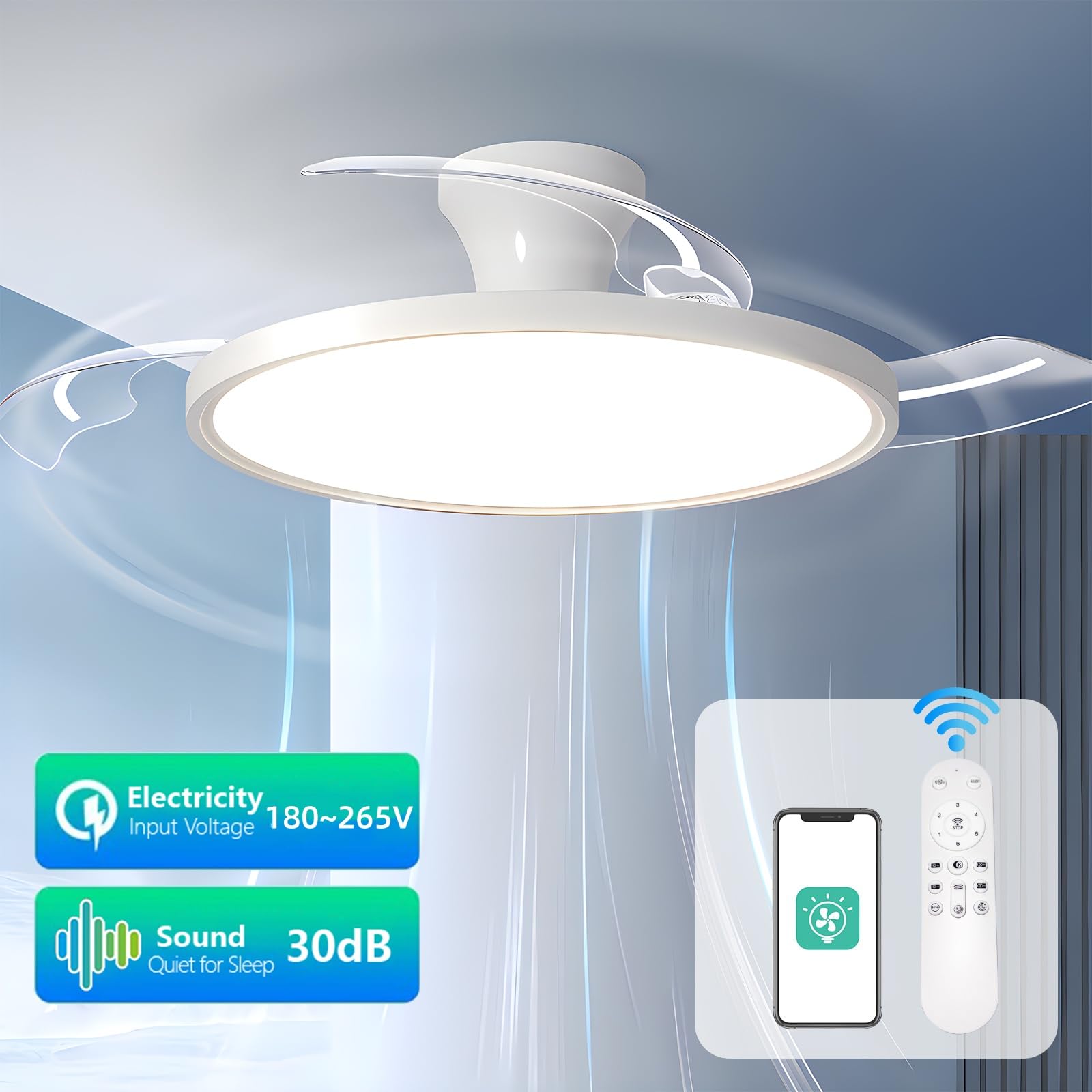 Ventilatore Da Soffitto Con Luce LED - Telecomando, 6 Velocità, Pale Retrattili, Silenzioso, Reversibile, Dimmerabile, Per Camera Da Letto E Soggiorno