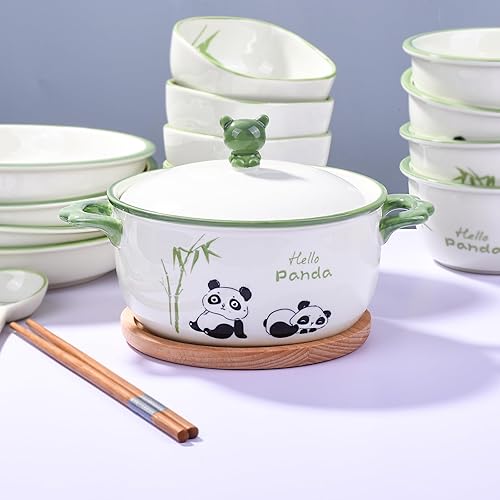Miniatura 3 de Cuenco de cerámica de estilo japonés de 6 pulgadas con tapa, bonito diseño de panda y bambú, apto para microondas y lavavajillas, para sopa, fideos,