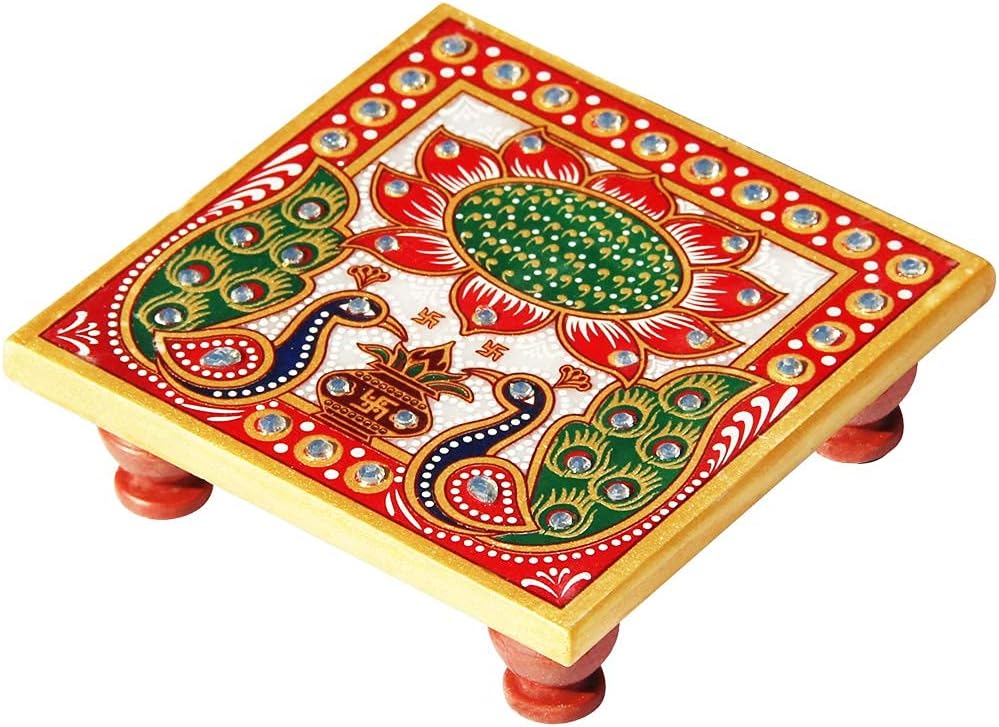 Handicrafts Paradise (4 x 4 inch) Peacock Design Painted Marble Chowki Home Mandir, Idols Statues Pratima, Bajot for God, Home Décor Showpiece