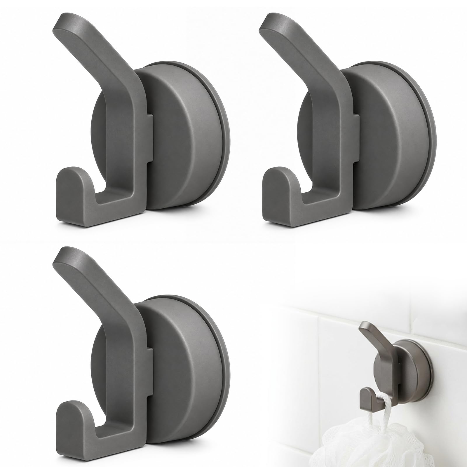 3pcs Suction Hooks for Bathroom, Strong Adhesive Towel Hooks, Gun Grey Suction Cup Hooks with Three Pack, Multipurpose Suction Hook for Kitchen and Living Spaces, Easy Installation Tea Towel Holder