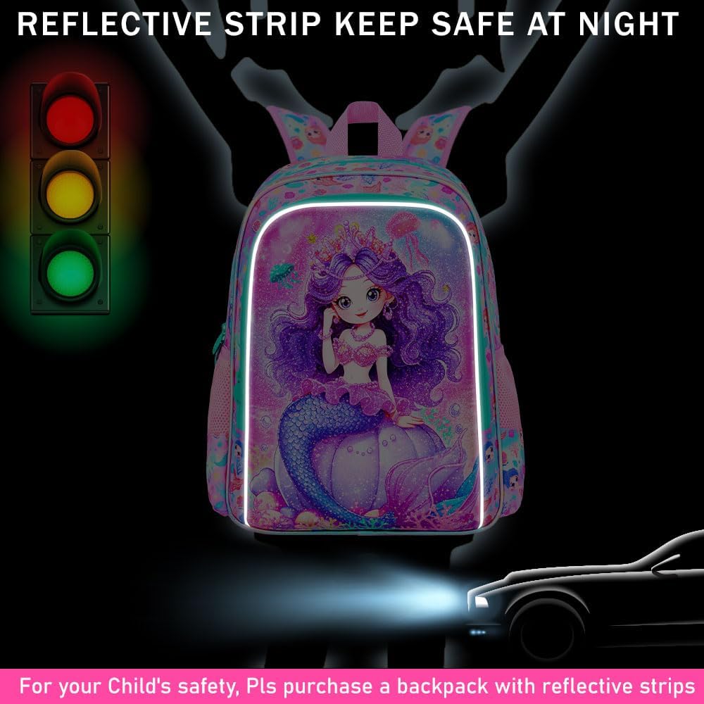 3PCS Mermaid Backpack for Girls, Water Resistant Kids Bookbag Set with Lunch Box,Cute Elementary School Bag for Preschool Toddler - Image 3