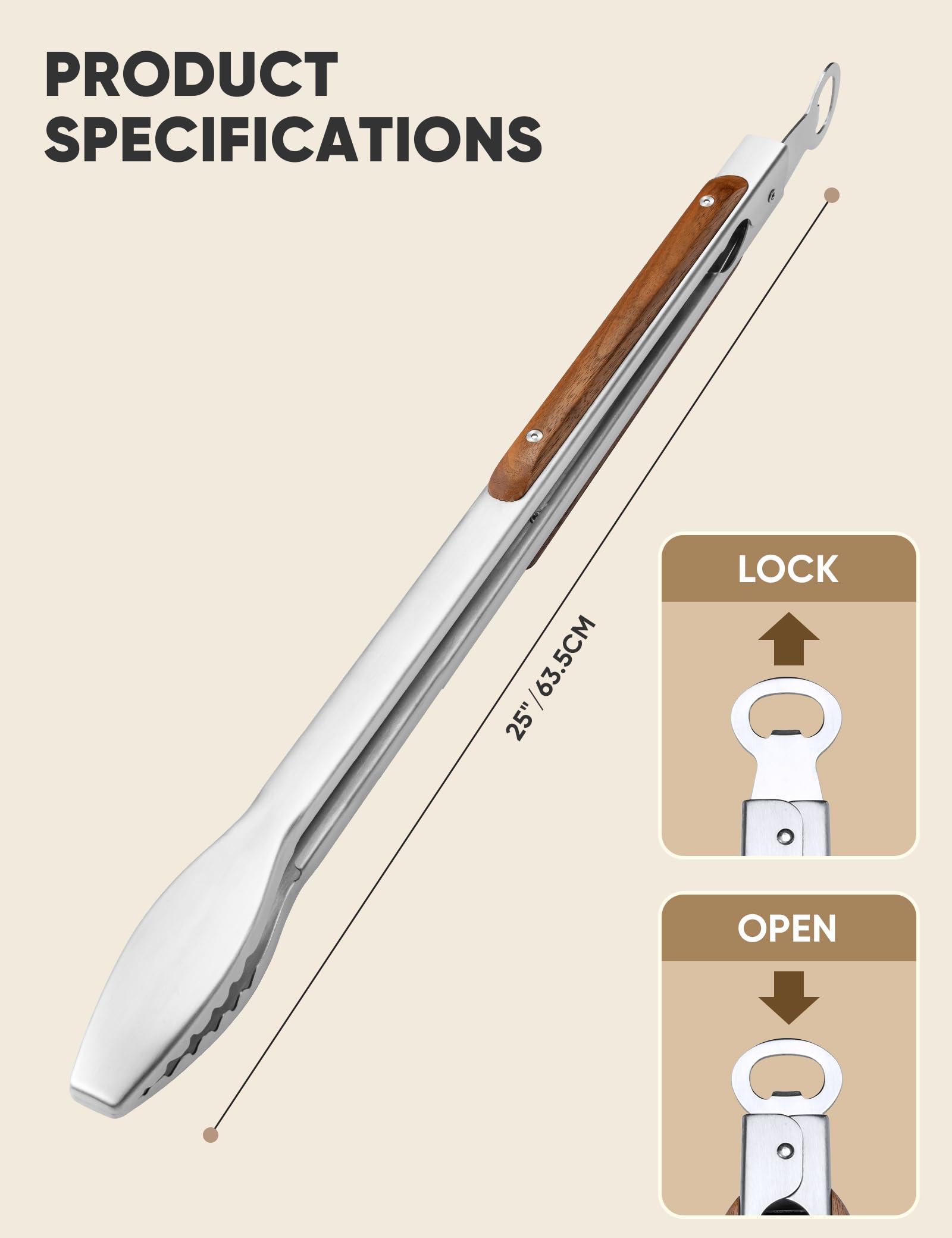 25" Extra Long BBQ Tongs with Wooden Handle, Heavy Duty Stainless Steel Metal Tongs for Charcoal, Grilling, BBQ, Barbecue, Cooking — view 4