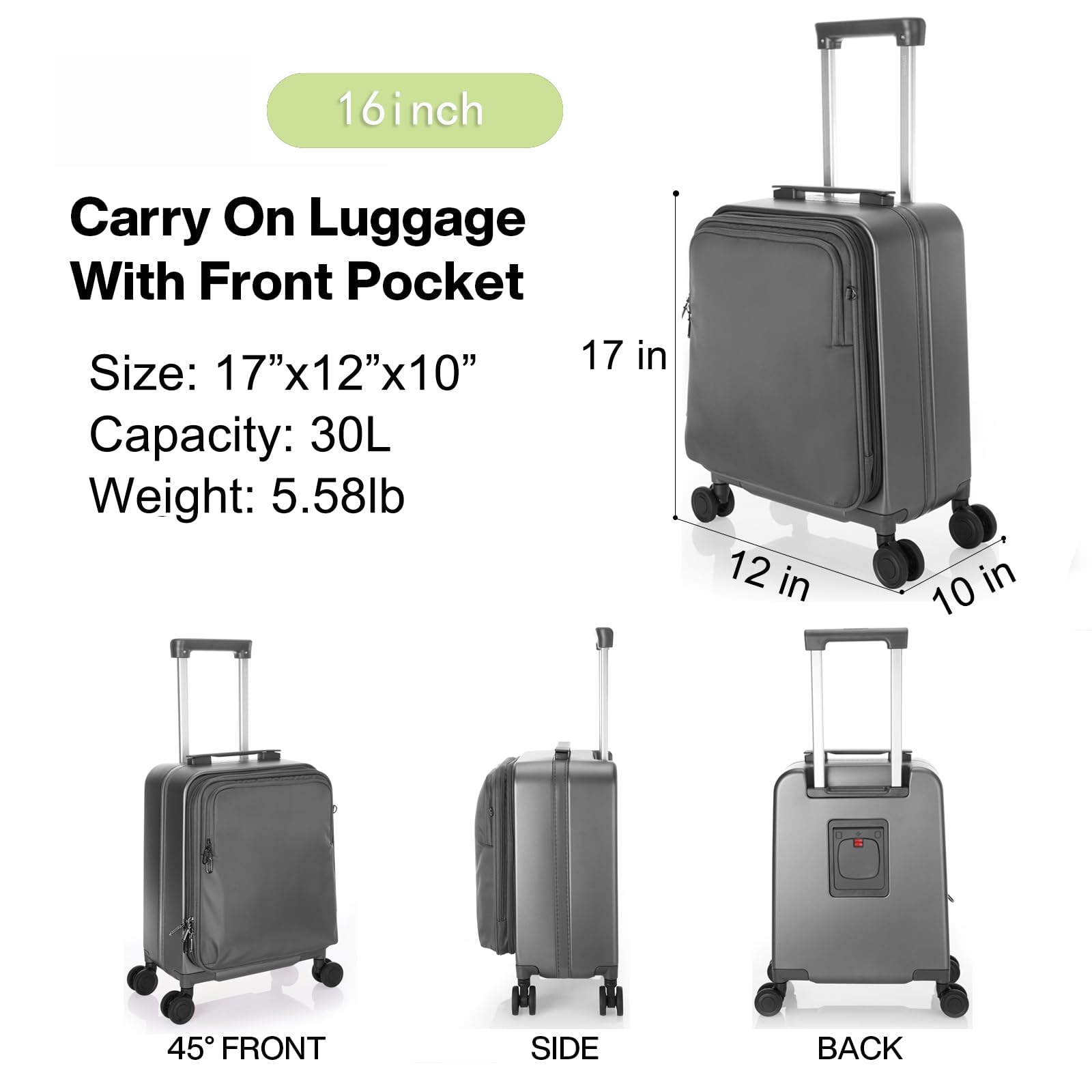 UNIKER Laptop Briefcase with Cup Holder,Small Rolling Suitcase for Work,Carry On Luggage 17x12x10,16 Inch Suitcases with 4 Spinner Wheels,Rolling Teacher Bag Grey