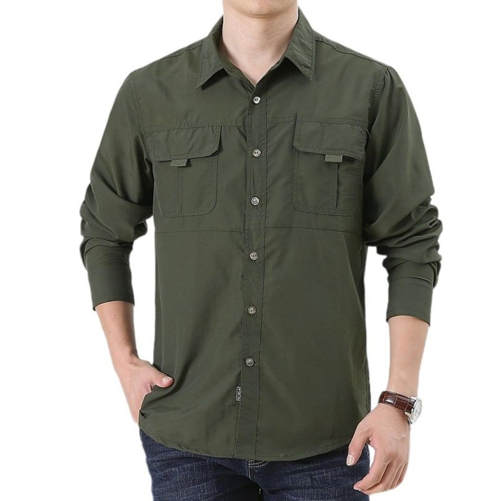 Camicia a maniche lunghe da uomo, taglio largo, traspirante, tasche multiple