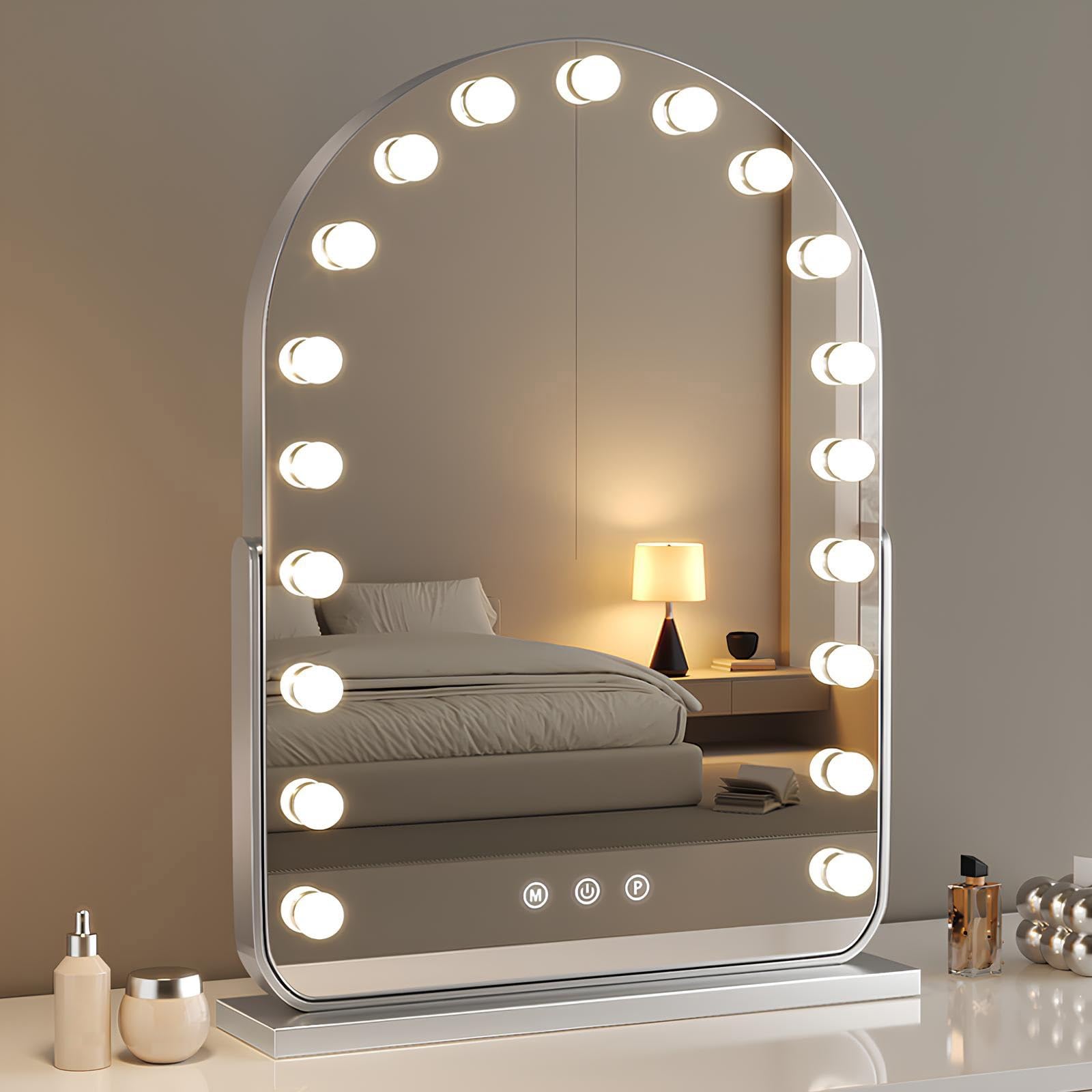 Specchio Da Trucco Illuminato Da Tavolo, Grandi Specchi Illuminati Per Scrivania Con Lampadine E 3 Modalità Di Illuminazione, Per Camera Da Letto E Spogliatoio(Argento,50*70cm/19.69*27.56in)