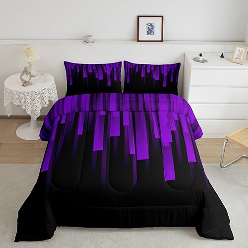Feelyou Kids Geometric Striped Comforter Set Queen Size Purple Black Abstract Ombre Bedding Set for Boys Girls Teens Bedroom Modern Stripe Lines Decor Comforter Women Men Quilt Set