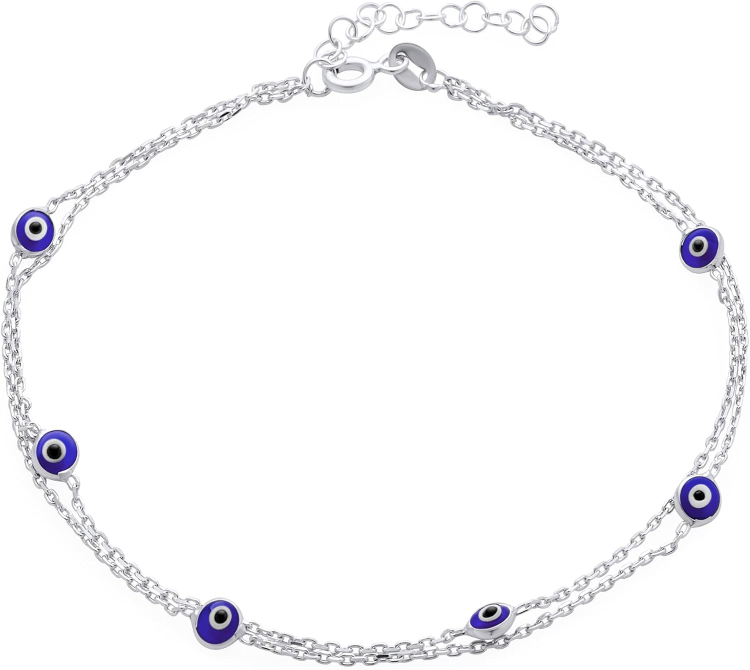 Bling Jewelry Protection Amulet Minimalist Delicate Double Row Navy Blue Evil Eye Anklet Ankle Bracelet For Women Teen .925 Sterling Silver 8.5-9.5 Inch
