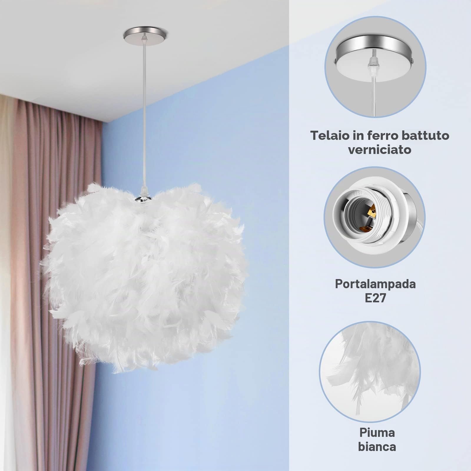 ALLOMN Lampada a Sospensione a LED, Plafoniera con Decorazione a Piume Lampadario a Sospensione per Camera da Letto Ottimo Regalo per Amico Bambino, Attacco E27 Facile da Pulire (Diametro 30cm)