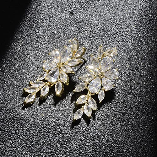 Women's Cubic Zirconia Wedding Earrings - 14k Plated Sterling Silver Bridal Crystal CZ Cluster Floral Flower Dangle Drop Earring for Bride Bridesmaids Party Prom Girls Costume Jewelry3