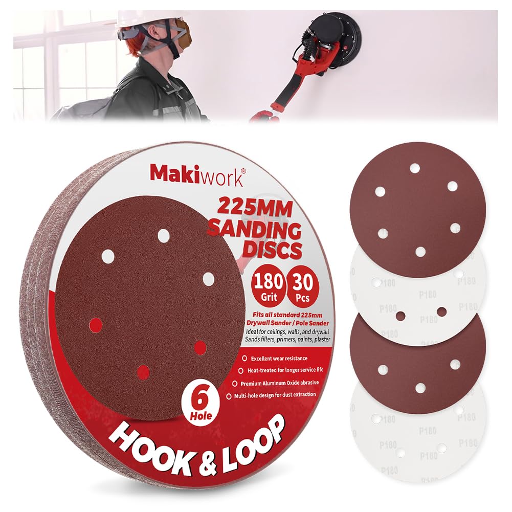 Makiwork 30PCS 225mm 6-Hole 180 Grit Hook & Loop Sanding Discs – Heavy-Duty Aluminum Oxide Sandpaper for Drywall Sander, Paint Removal, Wood & Metal Surface Prep