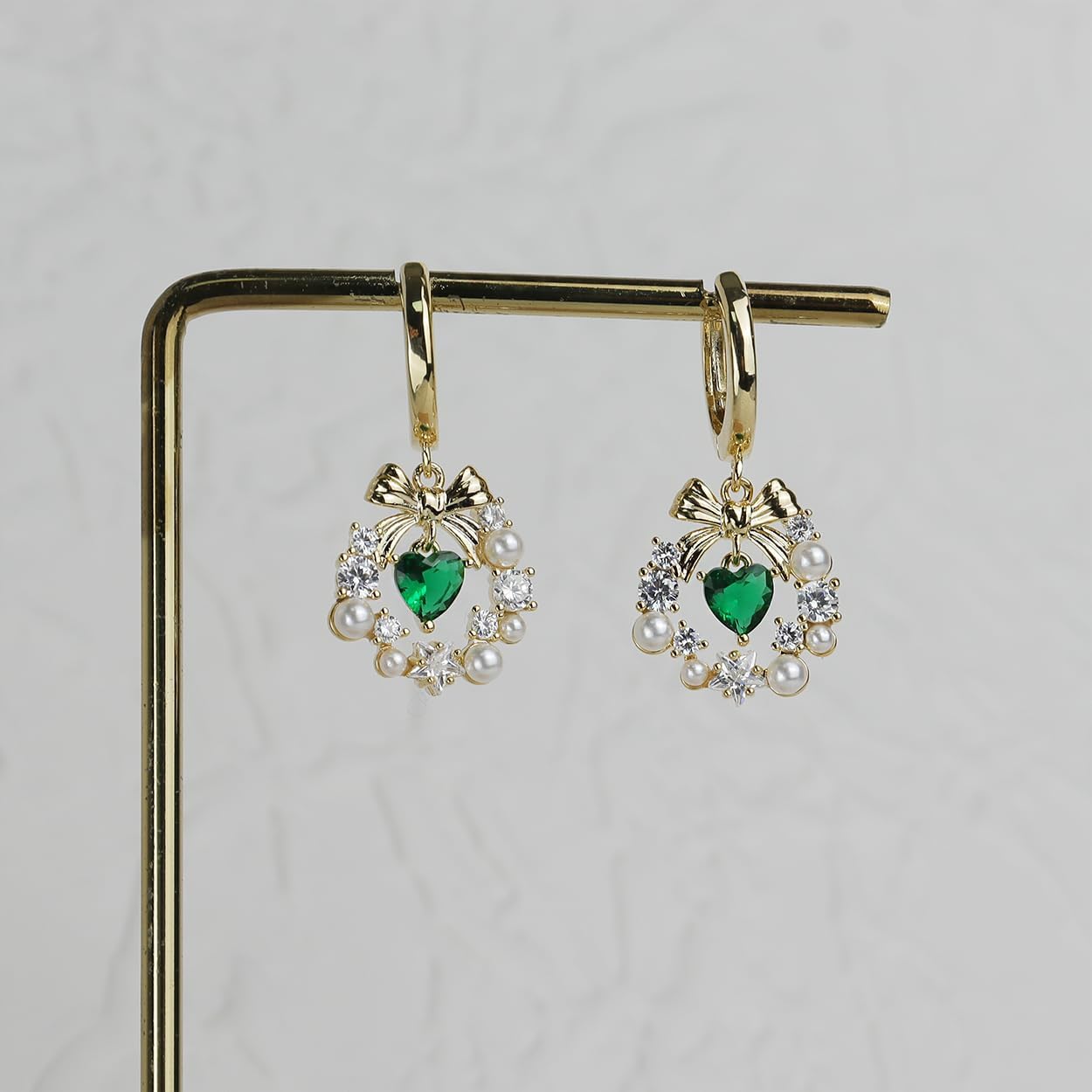 Sonateomber Gold Bow Heart dangle Drop Small Hoop Earrings for Women, Valentines Day Green Emerald Crystal love Earrings Dangling Christmas Holiday Prom Fashion Jewelry Gifts - Image 6