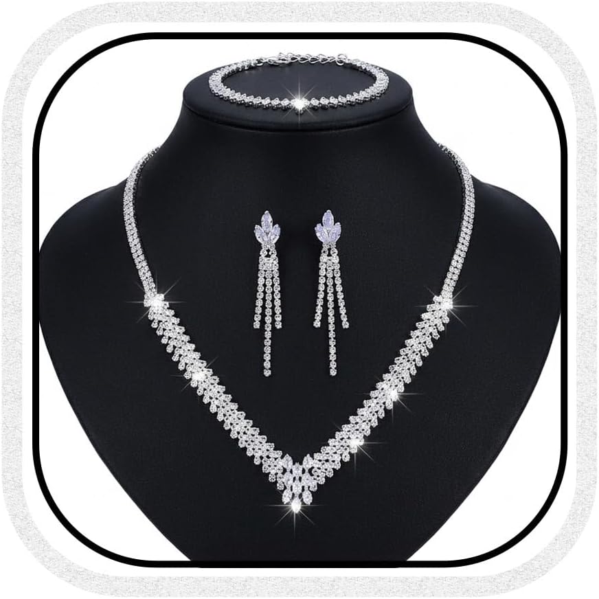 Brishow Conjuntos de joias de casamento de prata, colares e brincos de strass com pulseira de cristal, bijuteria formal para mulheres