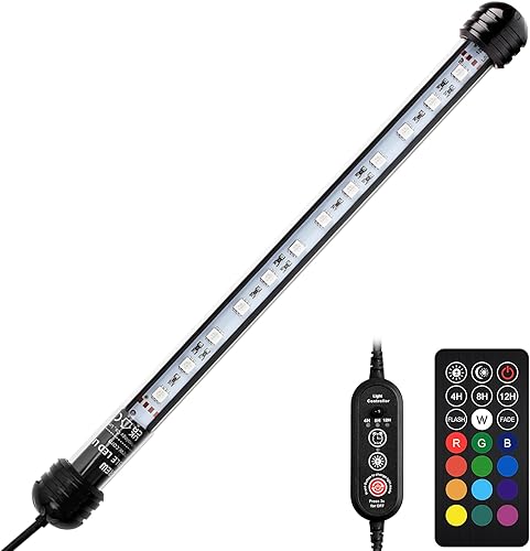 NICREW Luz sumergible RGB para acuario, luz subacuática para pecera con temporizador, luz LED multicolor con control remoto, 11 pulgadas