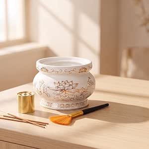 4-Inch Ceramic Incense Burner Bowl with Brass Holder and Brush