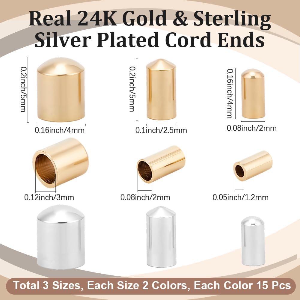Beebeecraft 90Pcs 3 Sizes Column End Caps Leather Cord Ends 24K Gold & Sterling Silver Plated Brass 4x2/5x2.5/5x4mm Terminators End Caps for Jewelry Making DIY Findings, Golden&Silver