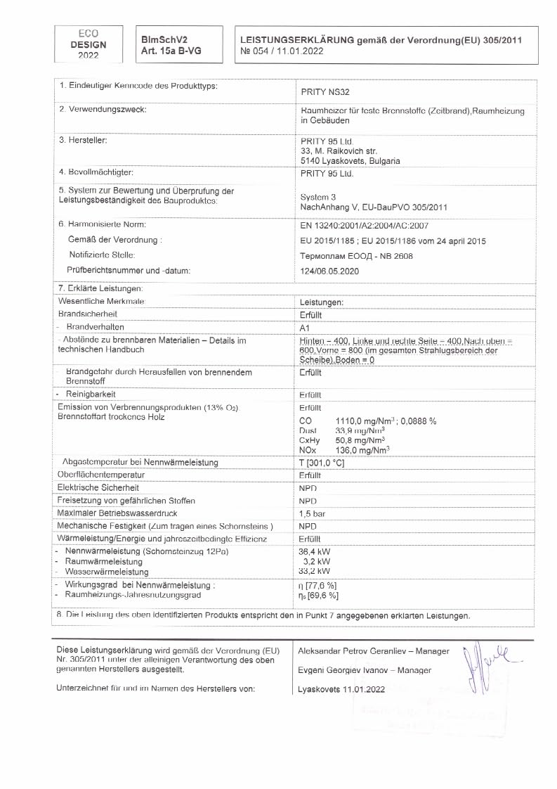Piec kominkowy przewodzący wodę PRITY NS 32 36 kW (33,2 + 3,2) – piec na drewno z torbą na wodę do centralnego ogrzewania, kocioł grzewczy na drewno, klasa efektywności energetycznej A, BImSchV poziom