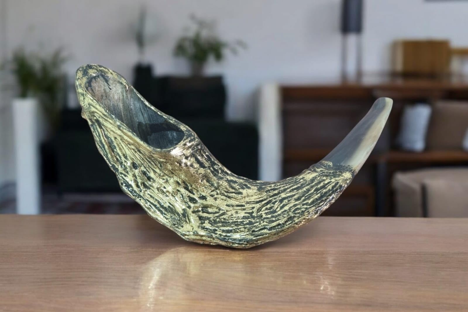 Shofar Jerusalem Old City - Shofar in corno di ariete placcato oro + supporto libero