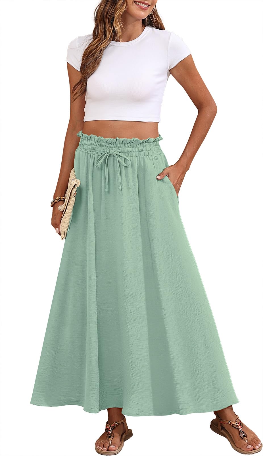 Askyes Womens Maxi Skirt Summer Tie Knot Elastic High Waisted Boho Casual Beach Flowy Swing Long Skirts with Pockets