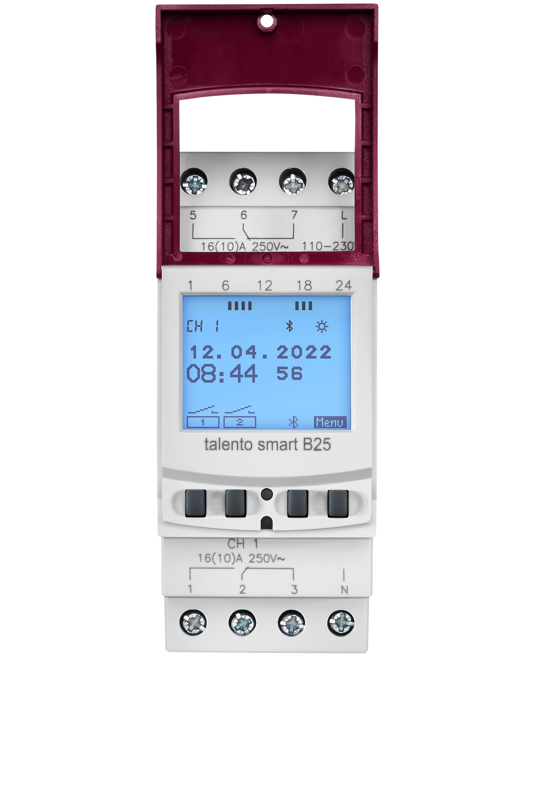 43.02.0002.1 talento smart B25 2-Kanal Zeitschaltuhr digital App | Bluetooth/App, 2 TE, DIN-Schiene/Hutschiene, 100 Speicherplätze, Wochen-/Jahresprogramm, LED 600 W, 8 Jahre Gangreserve