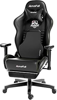 AutoFull Silla Gaming Sillón Gamer Ergonómico Silla Gamer Cuero PU Silla De Oficina, Altura del Asiento e Inclinación del Respaldo Ajustables, Reposacabezas y Soporte Lumbar, Reposapiés, Negro