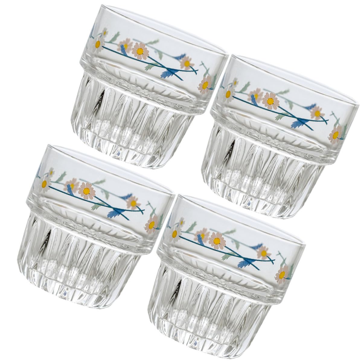 BESTOYARD Taza de Cristal Forma de Margarita Vidrio 4 Piezas | Estilo Pastoral, Diseño Fresco Impreso, Borde Liso, Acabado Meticuloso, para Restaurante y Cafetería