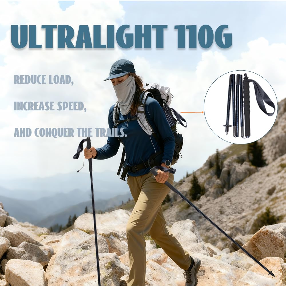 Ultralekkie kijki trekkingowe z włókna węglowego, 5 sekcji, zestaw 2 sztuk, sprzęt do wspinaczki górskiej, czapka trekkingowa, oddychająca, z torbą do przechowywania
